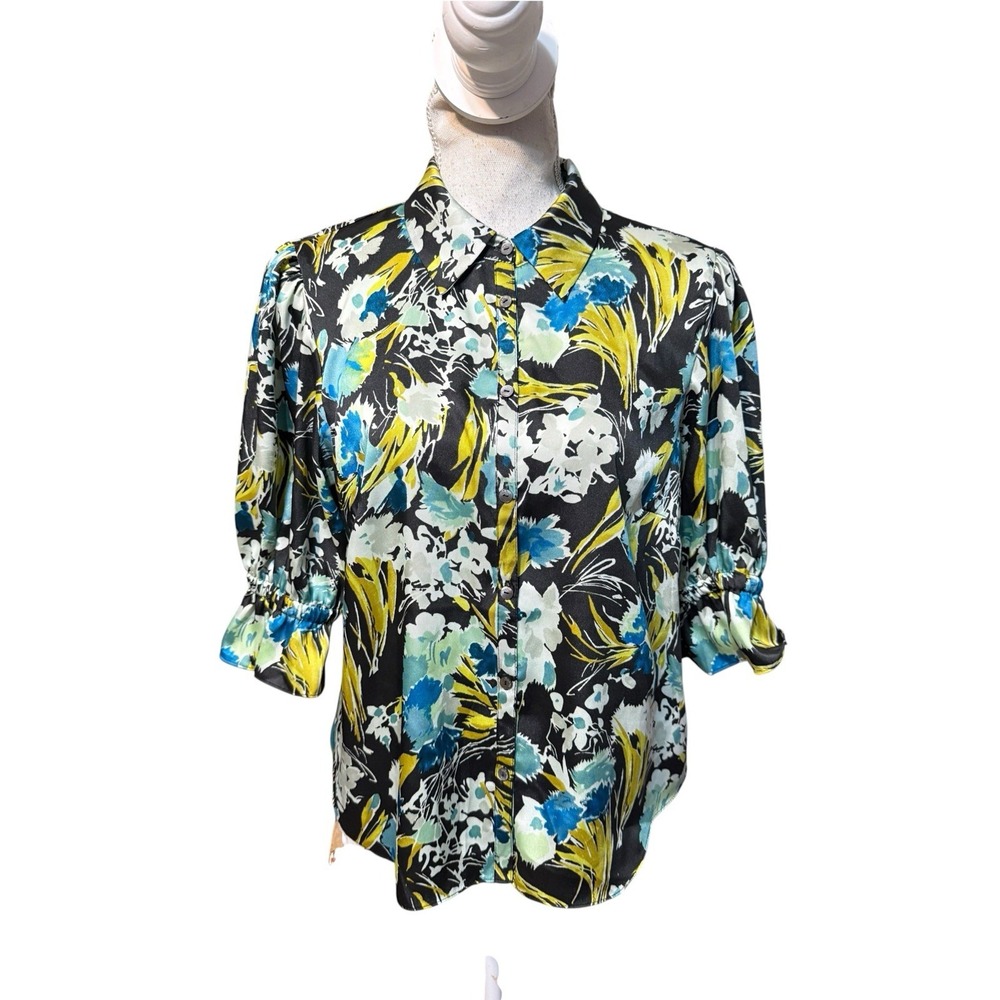 Cinq à Sept Fiona Dahlia Tropical Print Puff Sleeve Button Front Blouse Large